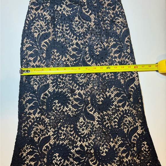 Navy Blue Evening Gown Nude Lining with Lace Overtop Beaded Plunging Neckline - Picture 14 of 16